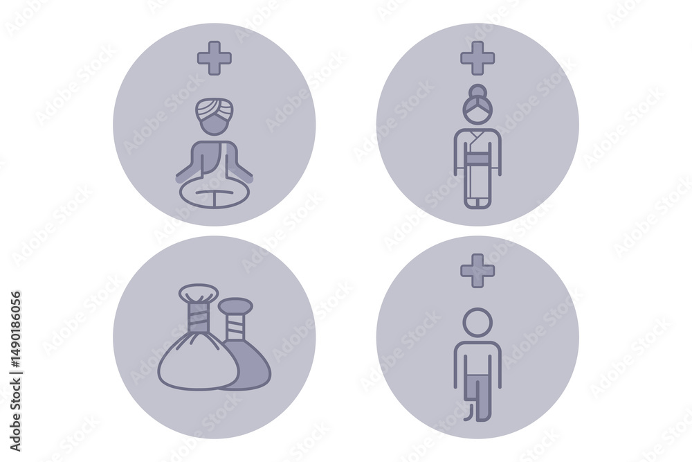 Collection of various healthcare icons including wellness practices, traditional treatments, and essential health tools, all designed for use in healthcare contexts Collection of various healthcare icons including wellness practices, traditional treatments, and essential health tools, all designed for use in healthcare contexts