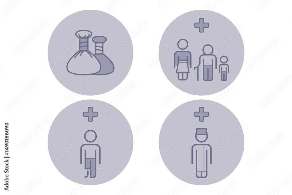 Collection of various healthcare-related icons including medical treatment bags, family care, and individual health guidance. Healthcare services concept Collection of various healthcare-related icons including medical treatment bags, family care, and individual health guidance. Healthcare services concept