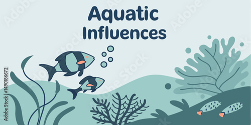 Aquatic influences design featuring fish bubbles and seaweed on a transparent background