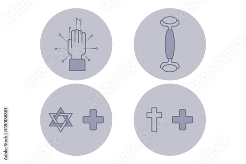 Icons of various healthcare themes including medical technologies, symbols of spirituality, fitness tools, and wellness practices. Diverse healthcare aspects
