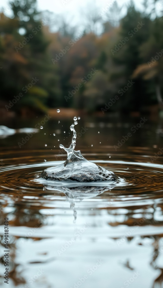 Water splash in a tranquil pond reflecting trees in autumn Water splash in a tranquil pond reflecting trees in autumn