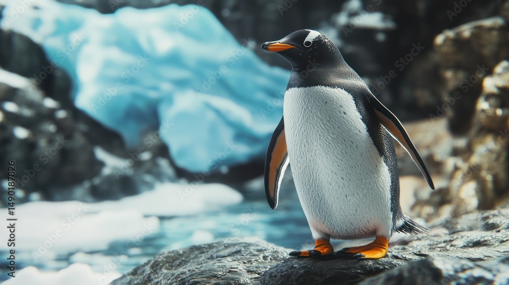Fototapeta premium Gentoo penguin on icy rocks