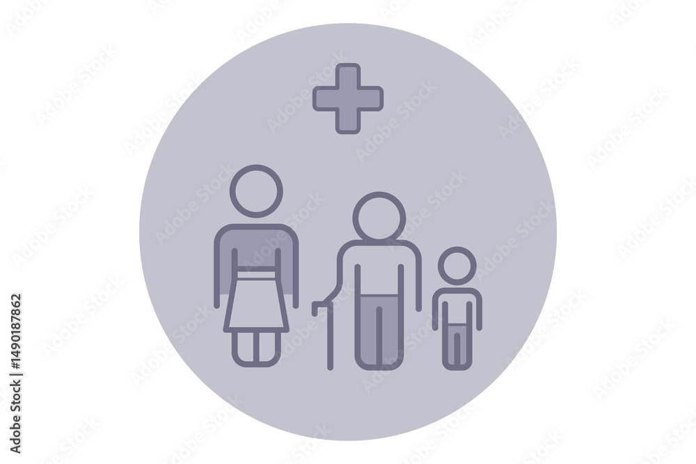 Icon of three figures representing family in healthcare context. Adult, elderly person with cane, and child, medical cross symbol emphasizing healthcare Icon of three figures representing family in healthcare context. Adult, elderly person with cane, and child, medical cross symbol emphasizing healthcare