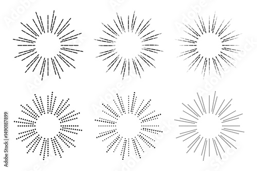 Sunburst Icon Set. Sun Rays Emblem. Circle Frame. Line and Dots Rays. Sun Burst Halftone. Starburst Icon. Vector Logo