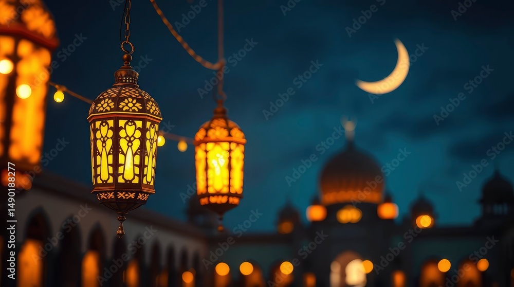 Fototapeta premium Ornate lanterns glow warmly against a twilight sky, with a crescent moon and mosque in the distance.