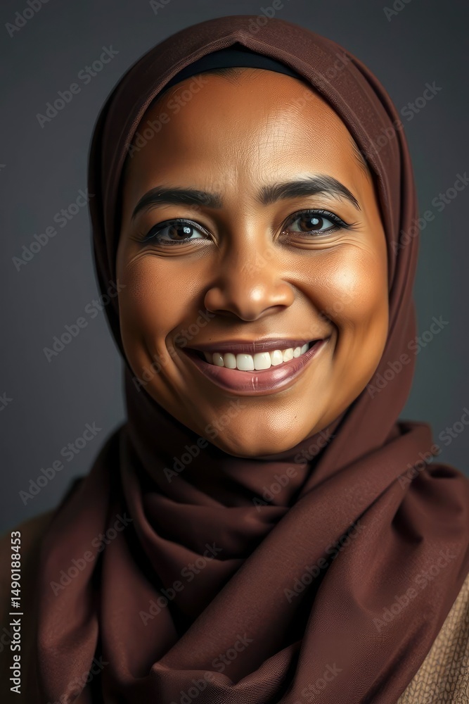 Warm portrait of a smiling woman wearing a brown headscarf in a simple studio setting Warm portrait of a smiling woman wearing a brown headscarf in a simple studio setting