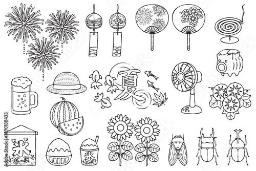 かわいい夏の手描きイラスト素材セット