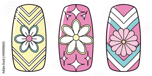 Colorful decorative nail designs with floral and geometric patterns on transparent background