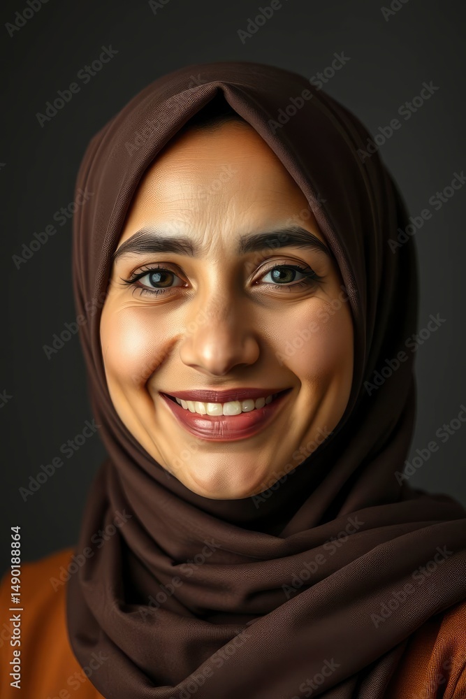 Portrait showcases a smiling woman with kind eyes wearing a brown hijab against a gray backdrop. Portrait showcases a smiling woman with kind eyes wearing a brown hijab against a gray backdrop.