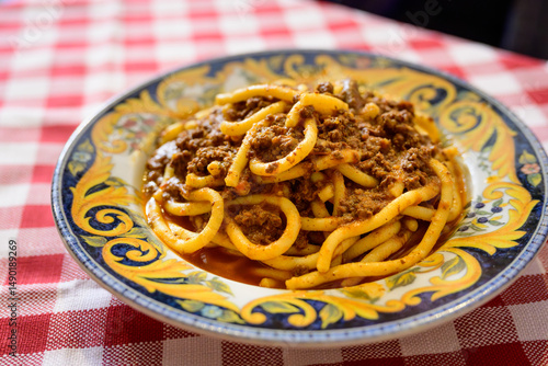 Bigoi col Musso or Bigoli con Ragu d'Asino Pasta with Donkey Sauce from Verona, Italy