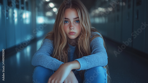 Pensive Young Woman With Long Blonde Hair Sitting On Floor In School Hallway