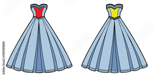 Elegant blue evening gowns illustration with black outline in vector graphic format