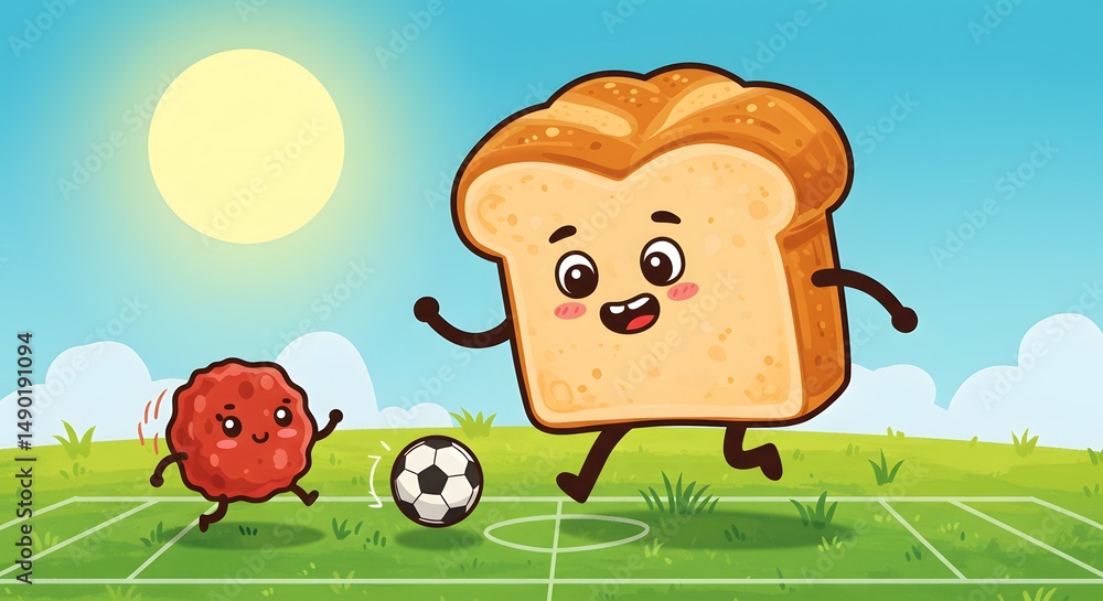 Obraz premium Cartoon bread slice and meatball playing soccer on a green field under a bright sun