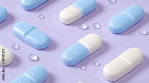 Light-blue and white pills arranged on a lavender background.