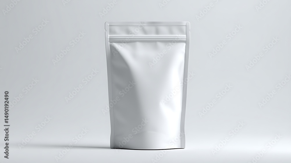 A blank, white stand-up pouch with a resealable zipper floats against a light gray background. The minimalistic and versatile design is ideal for food, coffee, or other product . A blank, white stand-up pouch with a resealable zipper floats against a light gray background. The minimalistic and versatile design is ideal for food, coffee, or other product .