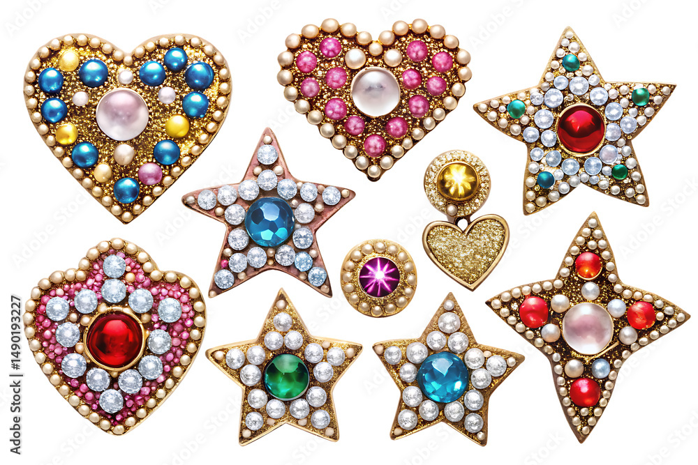Fototapeta premium star and heart jewels sticker set isolated on white background, PNG