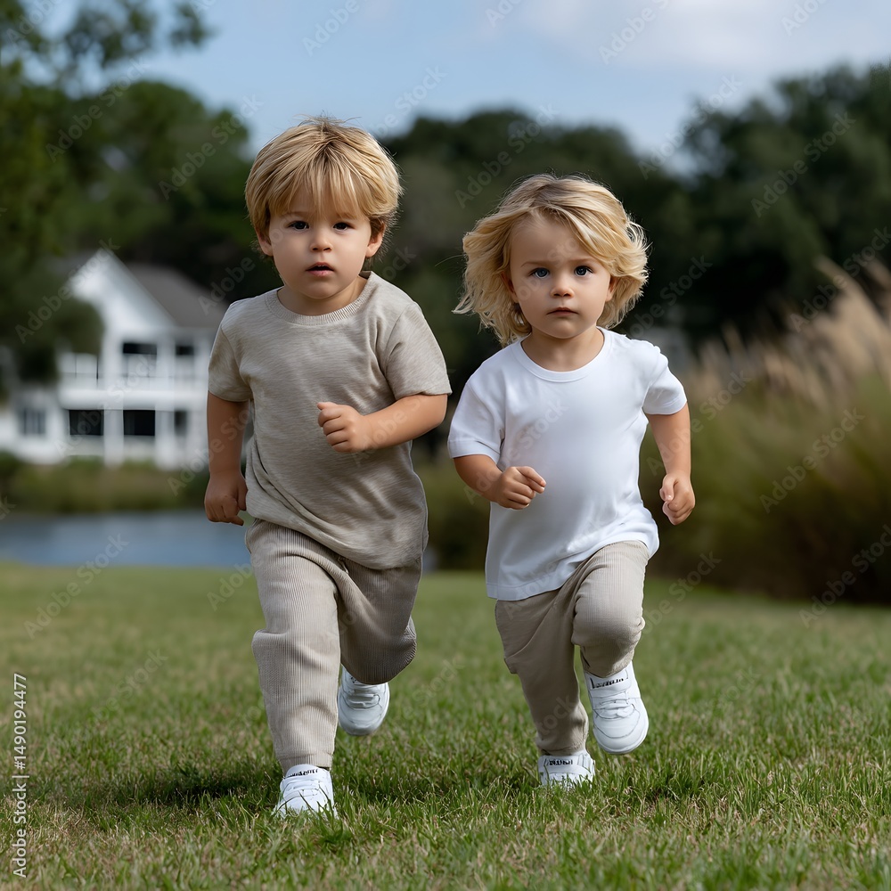 Fototapeta premium Two young boys in neutral-toned clothes run outdoors