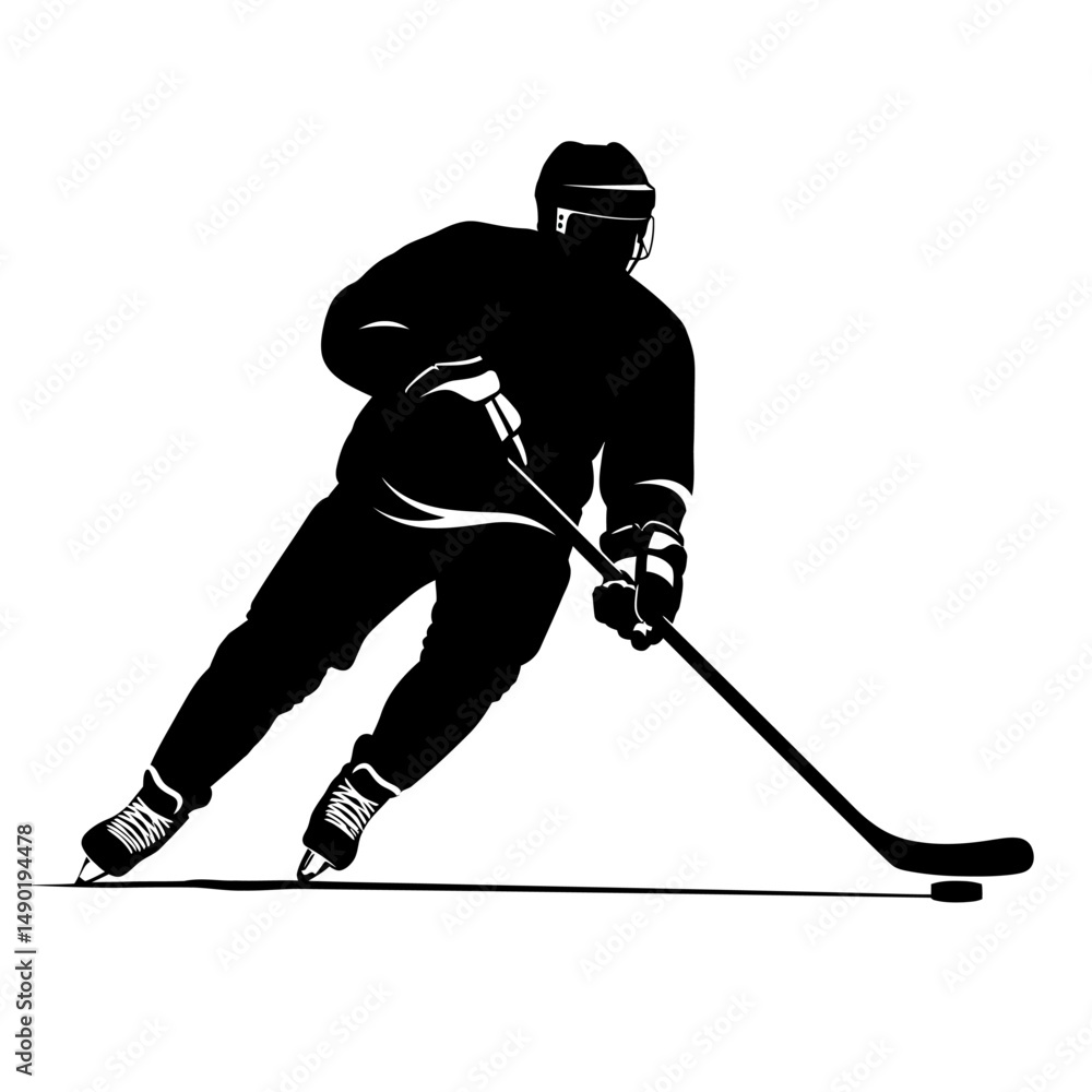 Obraz premium Silhouette of ice hockey player skating with stick and puck in black and white illustration style