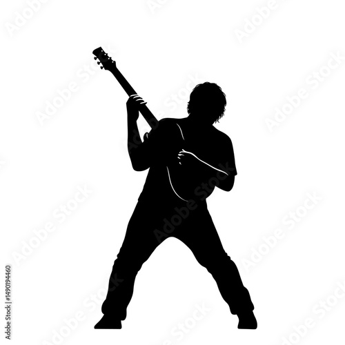 Silhouette of a musician playing an acoustic guitar with legs apart on a white background view from front