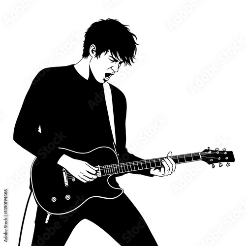 A monochrome illustration of a man playing an electric guitar with intensity and passion on a white background