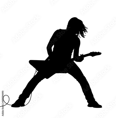 Silhouette of a guitarist playing an electric guitar with long hair on a white background image