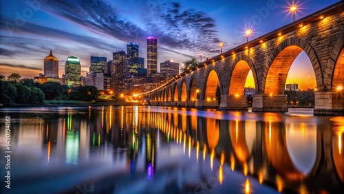 Wallpaper Mural Dark silhouette of Stone Arch Bridge against a vibrant night sky with the Minneapolis skyline reflecting in the Mississippi River, night view of stone arch bridge, minneapolis cityscape Torontodigital.ca