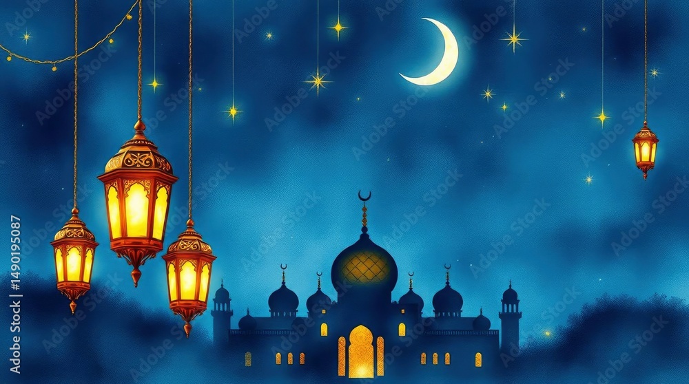 Obraz premium Tranquil blue scene featuring a mosque silhouette, crescent moon, stars, and glowing lanterns.