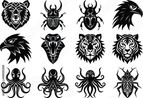 Powerful Animal Face Silhouettes Vector Bundle Lion, Tiger, Eagle etc.
