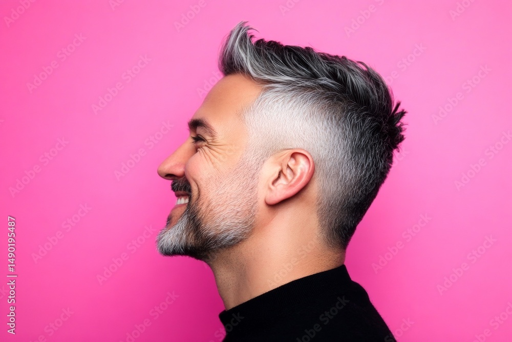 Fototapeta premium Pink solid background. Creative of style for aging men. Trendy men's high fade haircut - midlife arabian man with short hair. A joyful and radiant male expressing confidence.