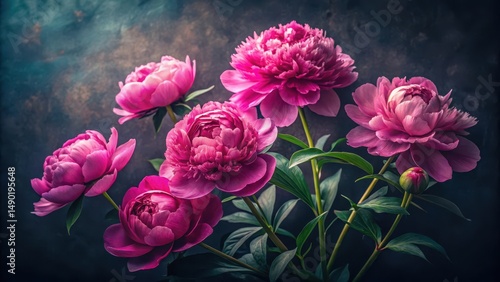 Fototapeta Naklejka Na Ścianę i Meble -  Detailed, vibrant pink peonies in full bloom against a dramatic dark background with subtle texture and shading for realistic effect , botanical photography, realistic color rendition
