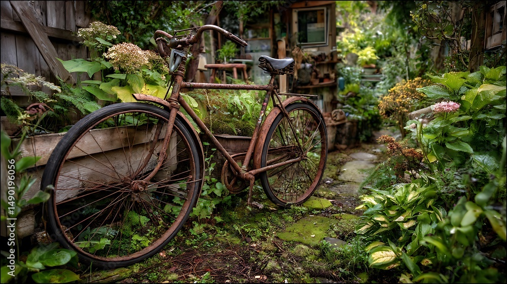 old bicycle in the garden . old bicycle in the garden .