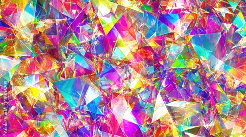 Vibrant, multifaceted gem-like shapes in a chaotic, colorful array