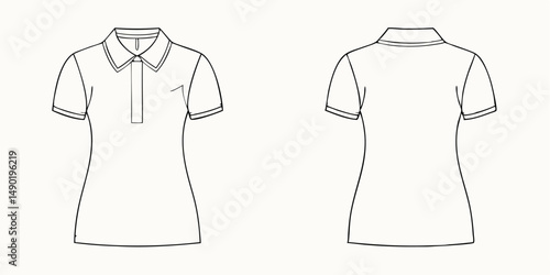 Front and back view outline illustration of a women's polo shirt with transparency