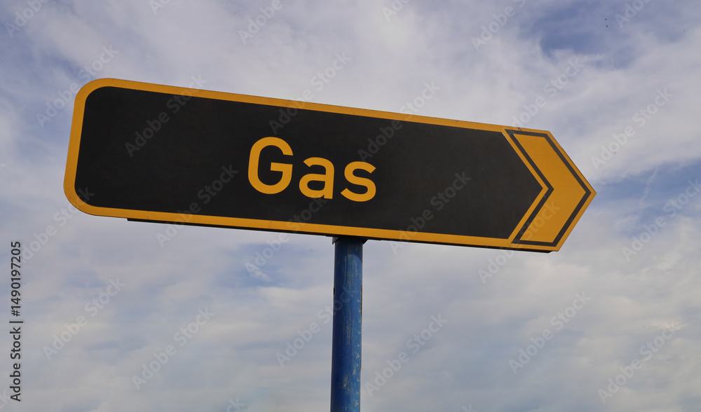 Fototapeta premium Vehicle alternative energy concept. Electric, natural gas, hydrogen words on signpost isolated on cloudy blue sky. yellow black signboard, sign.