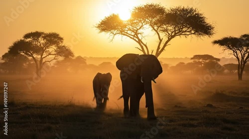 Elephants Walking Across African Savanna at Sunset