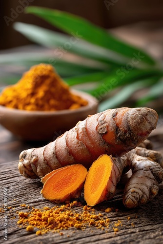 A close-up of fresh turmeric root (kunyit) with its vibrant orange-yellow interior exposed by partial peeling