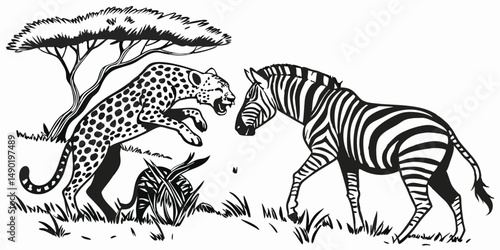 Graphic illustration of a cheetah stalking a zebra in an african savanna scene