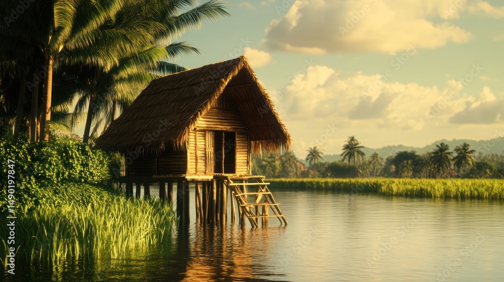 Fototapeta premium Tropical hut on stilts by river, rice paddy background, sunset, travel