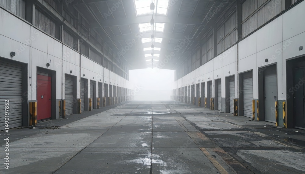 Abandoned Logistics Hub with Packing Stations in Misty Atmosphere Abandoned Logistics Hub with Packing Stations in Misty Atmosphere