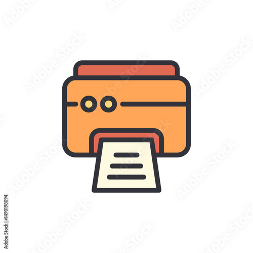 Stylized Icon Of An Orange Printer With Paper On Transparent Layer