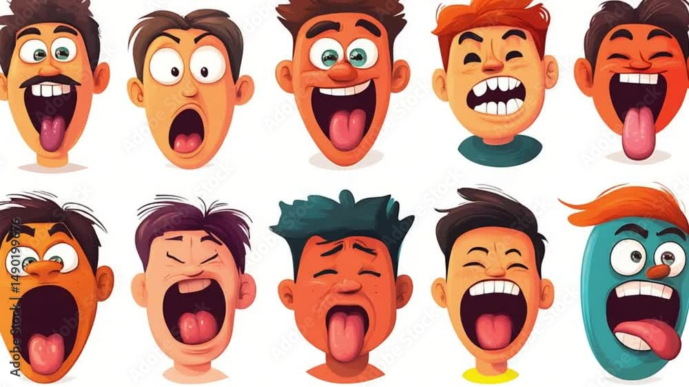 Colorful cartoon faces expressing various emotions with exaggerated features and playful backgrounds Colorful cartoon faces expressing various emotions with exaggerated features and playful backgrounds