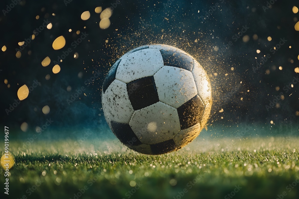 Fototapeta premium Dynamic shot of a soccer ball in mid-air surrounded by water droplets and light bokeh