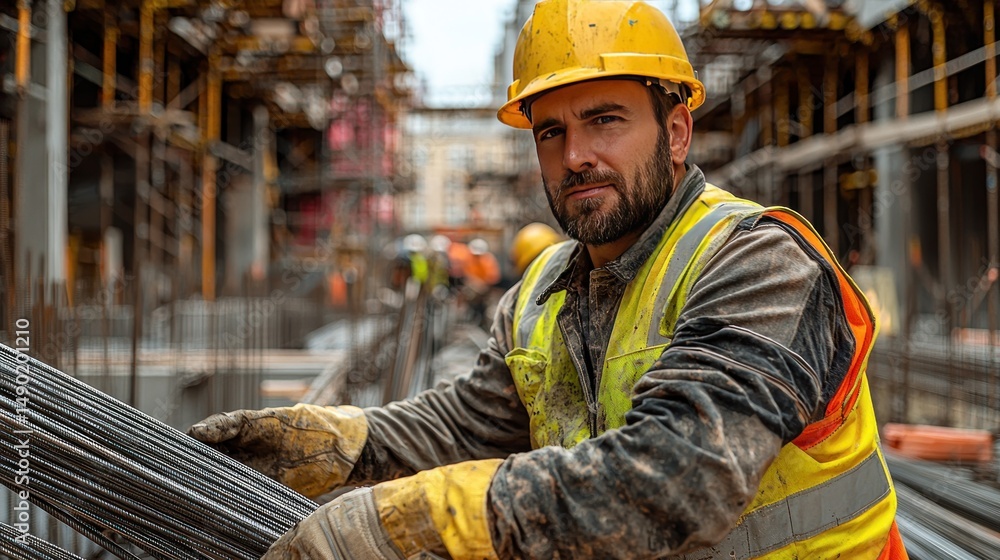 Construction Worker Handling Steel Rebar at a Construction Site Construction Worker Handling Steel Rebar at a Construction Site