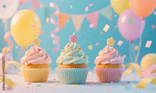 A pink birthday cake and cupcakes with lit candles, sweet icing, and colorful sprinkles celebrate a baked dessert