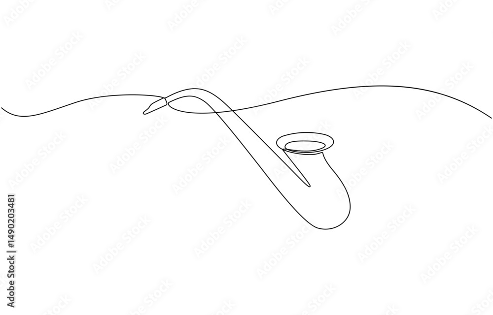 Obraz premium Continuous line drawing of saxophone vector illustration, One Continuous line drawing musical instrument saxophone on white background. One line Saxophone, Music jazz instrument in minimal style.