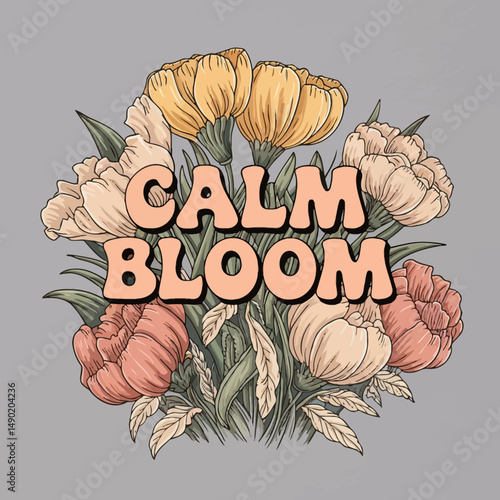 Floral Bouquet Illustration Calm Bloom Design Pretty Pastel Peach Yellow Flowers Artistic Botanical Vintage Retro Style Illustration Peaceful Tranquil Nature Image Soft Colors Elegant Design Graphic  