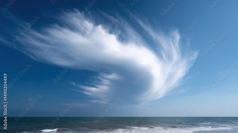 Fototapeta premium Large, swirling cloud formation over calm ocean clear blue sky creates peaceful yet dynamic