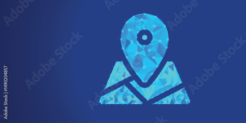 Low poly location icon on dark blue gradient background. Abstract polygonal map pin symbol for navigation, GPS apps, geolocation services, and digital travel platforms.