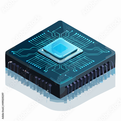 A detailed graphic of a modern computer processor with a blue central processing unit