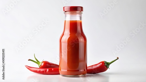 A bottle of hot sauce with a label featuring a chili pepper and the words spicy and fiery in bold letters, hot sauce, sauce
